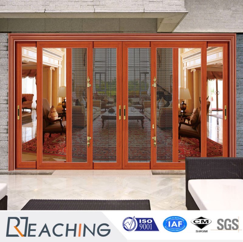 Wood Grain Design Double Glass Designed Sliding Door with Fly Screen